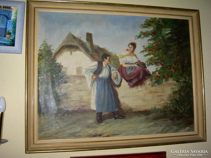 Village life picture - courtship - marked oil / canvas