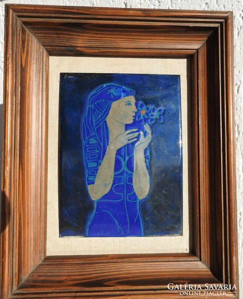 Gábor Somogyi - woman with flowers - fire enamel picture in a thick wooden frame