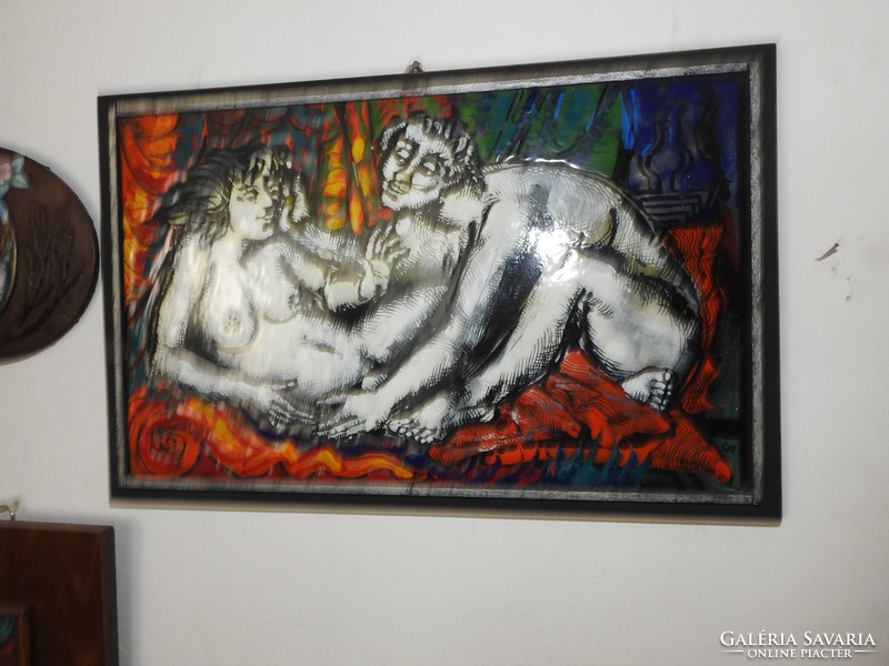 Cs. Uhrin tibor fire enamel picture - romantic couple