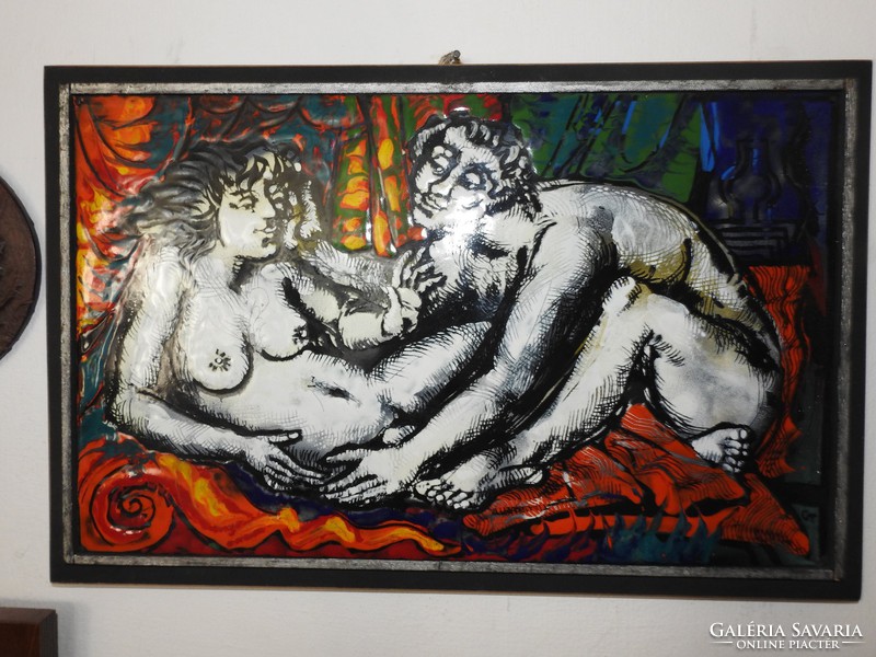 Cs. Uhrin tibor fire enamel picture - romantic couple