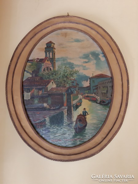 Lajos Szeleczky Venetian landscape with gondola in oval golden wooden frame oil painting on fiberboard