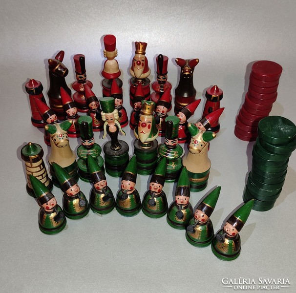 Vintage extrém ritka kézzel készült faragott sakk készlet tábla nélkül német '60-as évek