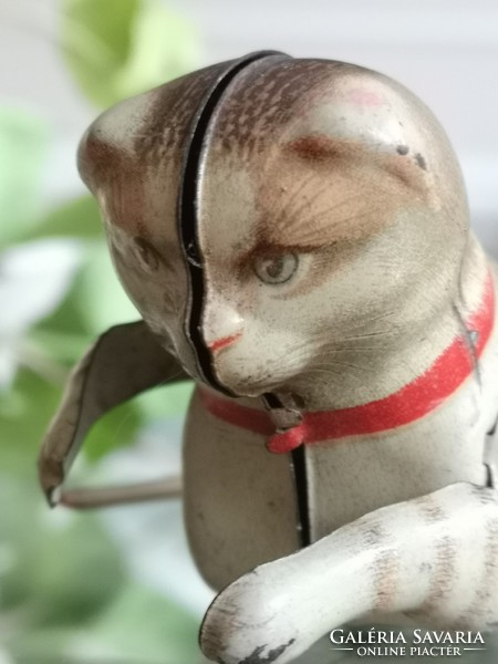 Antik lemez, bádog cica felhúzhatós gyerekjáték mechanikus macska Made in W. Germany U. S. Zone