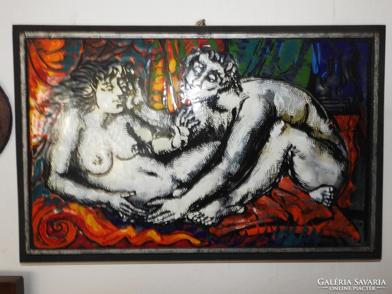 Cs. Uhrin tibor fire enamel picture - romantic couple