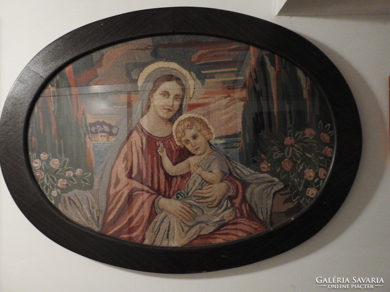 Antique huge needle tapestry picture in oval wooden frame - Virgin Mary with your baby