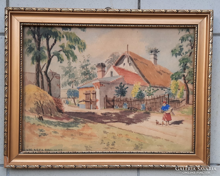 Békés utcakép 1940-ből, Gamásza - Balaton környéki falu (aquarell, 46x35cm) Somogy megye