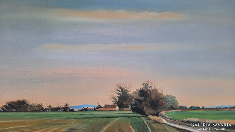 Kornis György: Távoli tanya (olaj-vászon, kerettel, 60x80 cm, szignózott) alföldi tájkép