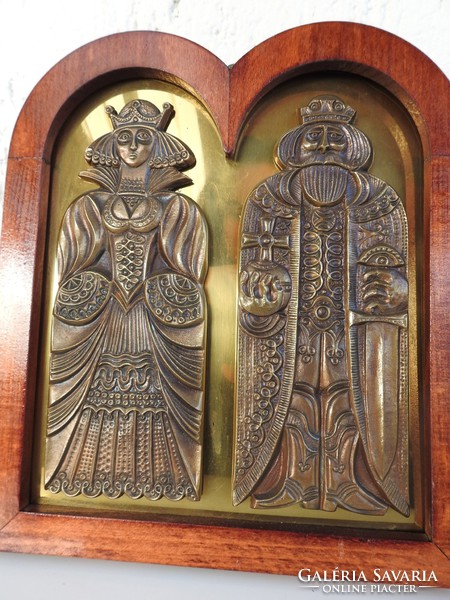 Bódás Tamás: Képcsarnokos relief - Királyi pár - bronz réz alapon fa keretben