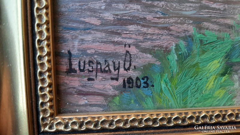 Tanyavilág 1903, hibátlan keretben - Luspay Ödön műve (olaj, 34x25cm) tájkép, tanya