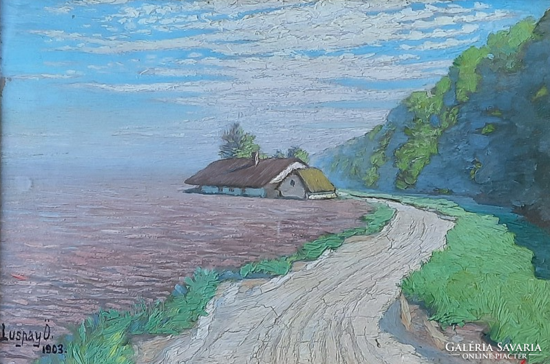 Farm world 1903, in a flawless frame - the work of luspay ödön (oil, 34x25cm) landscape, farm