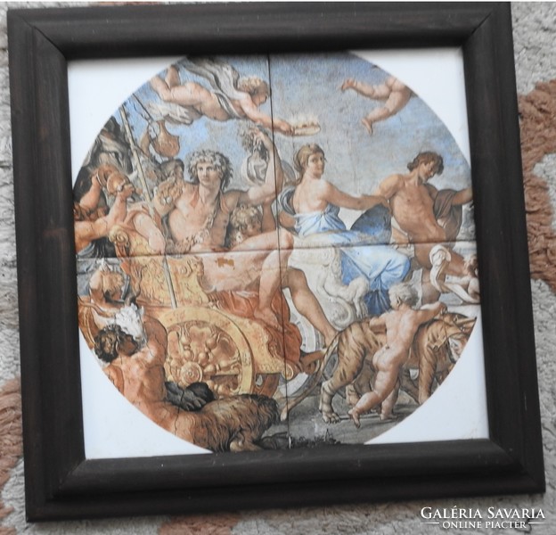 Mythological scene - painting tile picture in wooden frame