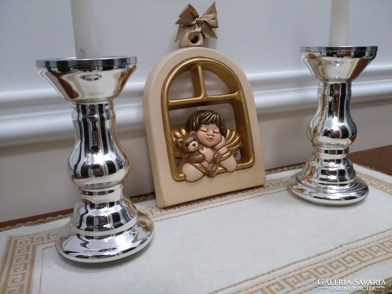 Pair of 21Cm fringed huta glass candle holders