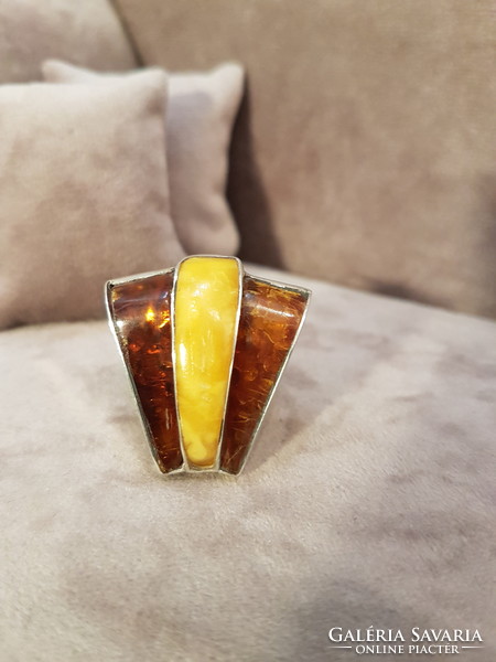 Antique silver ring with Polish honeysuckle and Polish amber decoration