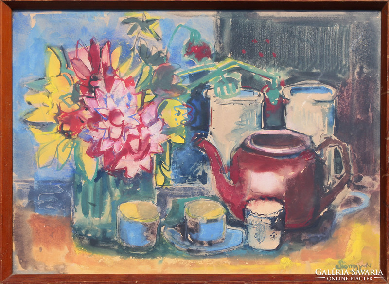 József Somogyi: still life with blue cups and burgundy spout
