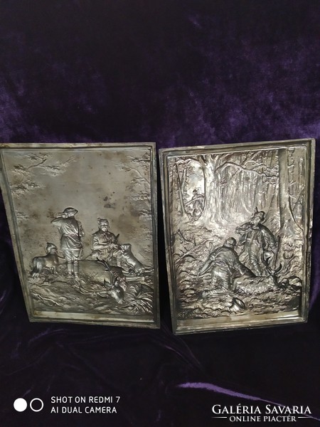 Antique (silver-plated) copper, hunting scene relief pair