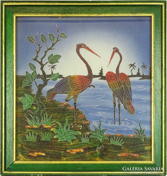 0I048 framed stork pair textile picture 55.5 X 53 cm
