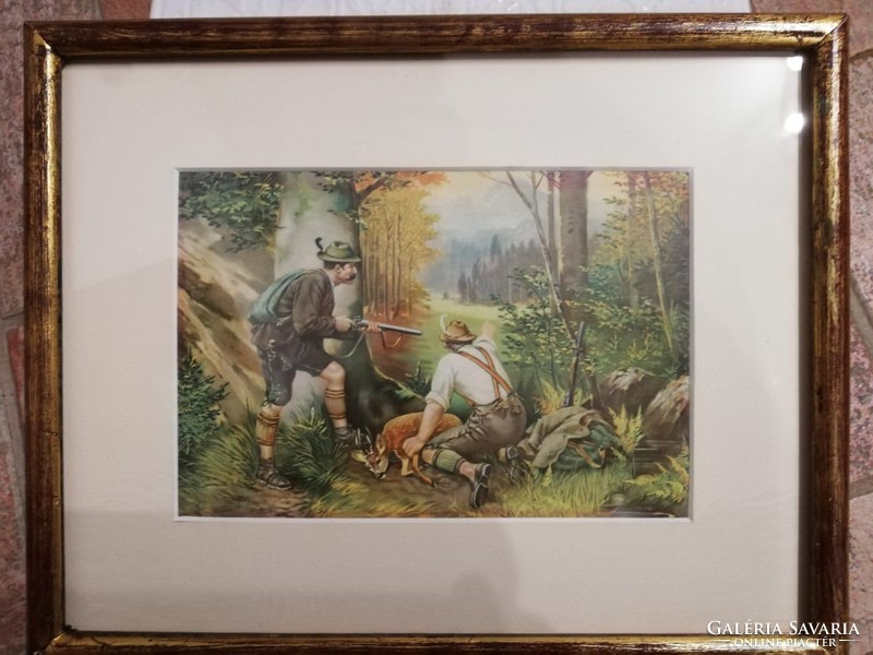 Hunting scene lithography in a glazed frame