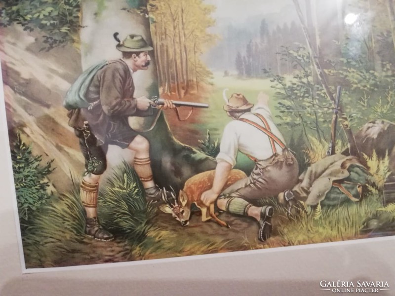 Hunting scene lithography in a glazed frame