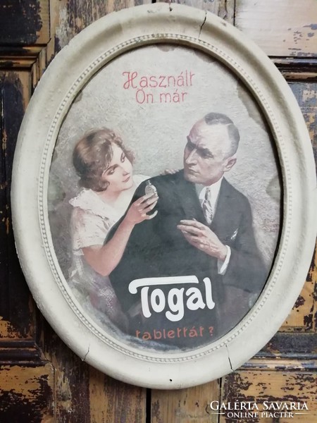 Togal reklám, ovális tábla, a 2. világháború előttről, ritka gyűjtői darab
