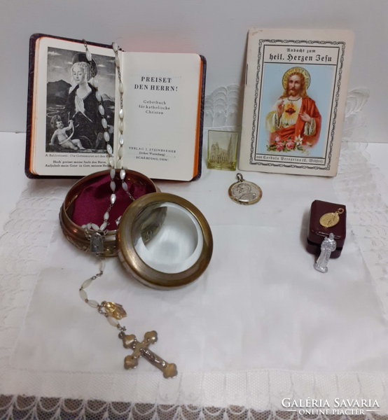 Old German Christian legacy prayer book frosted glass top box with relics on small tablecloth