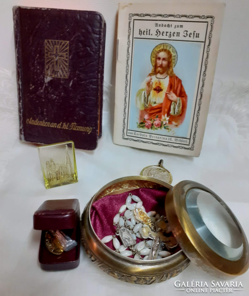 Old German Christian legacy prayer book frosted glass top box with relics on small tablecloth
