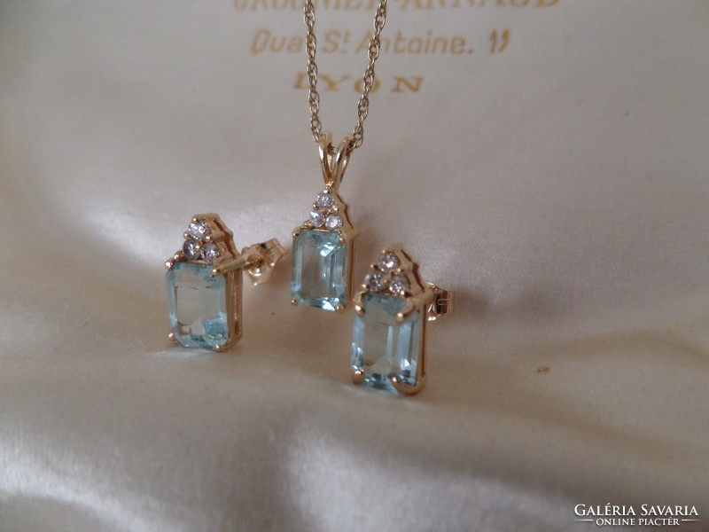 Glasses - blue topaz gold pendant with chain and pair of earrings / set // set