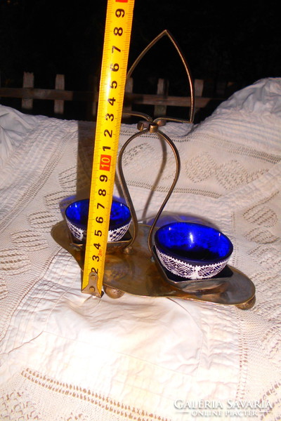 Antik asztali fűszertartó- jelzett alpaka +2 db parádi csipkeüveg