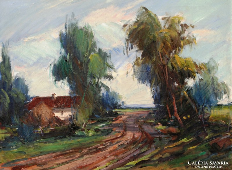Gyula Metykó (1907-1992): a winding road between trees - oil on canvas, framed