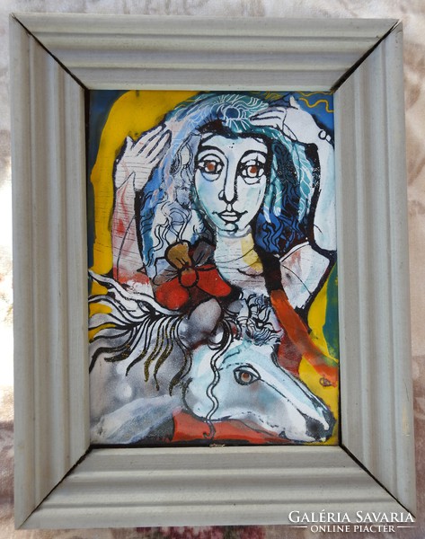 László csóka fire enamel image - woman with horse