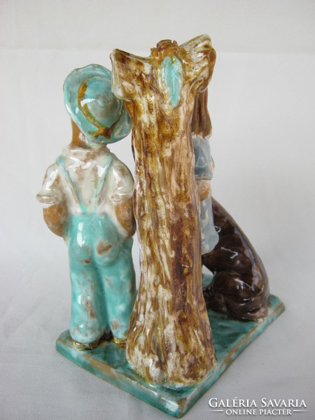Retro ... F. Márta Kun ceramic sculpture of a little girl and a little boy with a dog