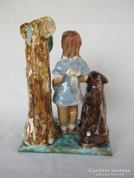 Retro ... F. Márta Kun ceramic sculpture of a little girl and a little boy with a dog