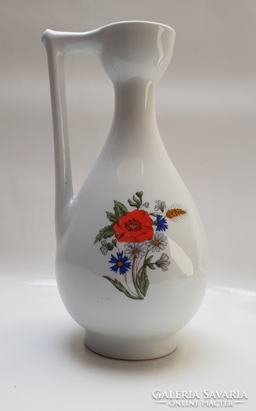 Zsolnay, poppy-patterned, hand-painted water jug with handle.
