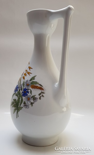 Zsolnay, poppy-patterned, hand-painted water jug with handle.