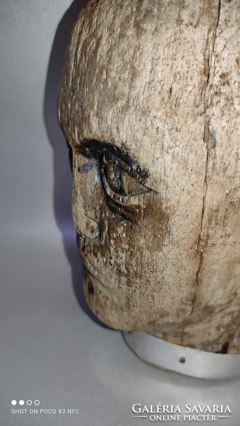 Ritka antik - Millinery head - kézzel faragott fa, kalap paróka minta fej  szobor a 19. századból