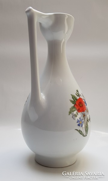 Zsolnay, poppy-patterned, hand-painted water jug with handle.