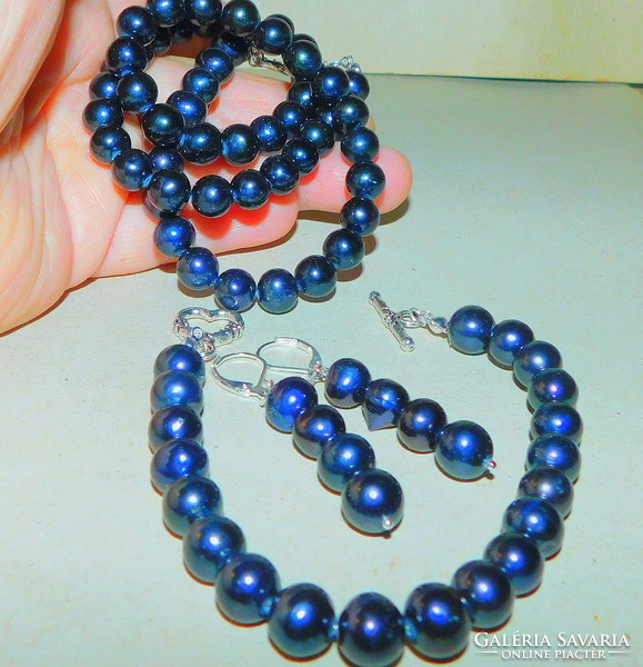 Night Black Genuine Pearl Jewelry Set - Necklace Bracelet - Earrings