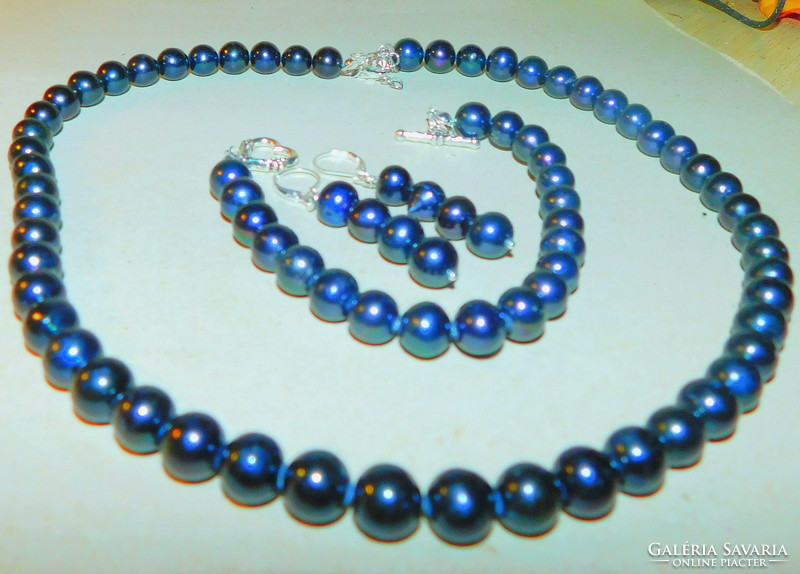 Night Black Genuine Pearl Jewelry Set - Necklace Bracelet - Earrings