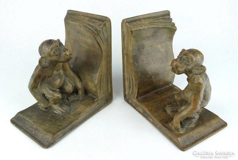 1G700 recessed art deco ceramic monkey book support pair from the 1930s