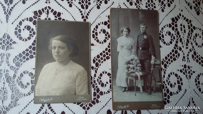 Két kemény táblás fotó Pécsről (Klapok A.) a múlt század elejéről: esküvői ill. az ifjú ara portréja