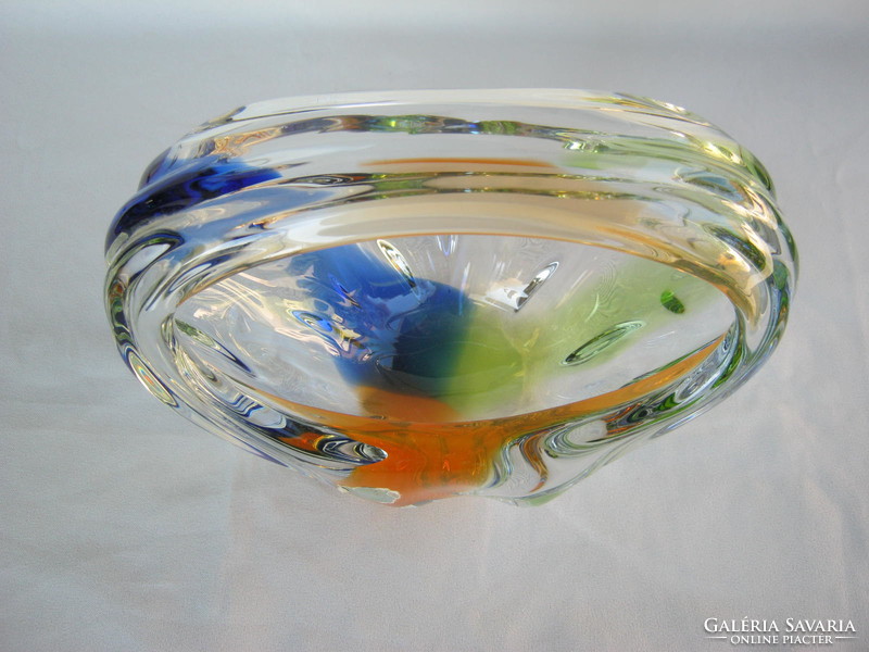 Retro ... Large thick colored glass bowl table centerpiece weighing 1.8 kg