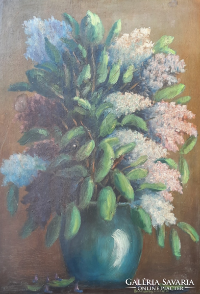 Lilacs - still life oil painting (lászló bukody) back .: Shipbuilding - 51x64 (flowers, vase)