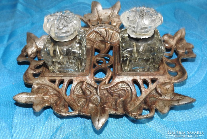Antique Art Nouveau silver-plated ink holder with original glass insert