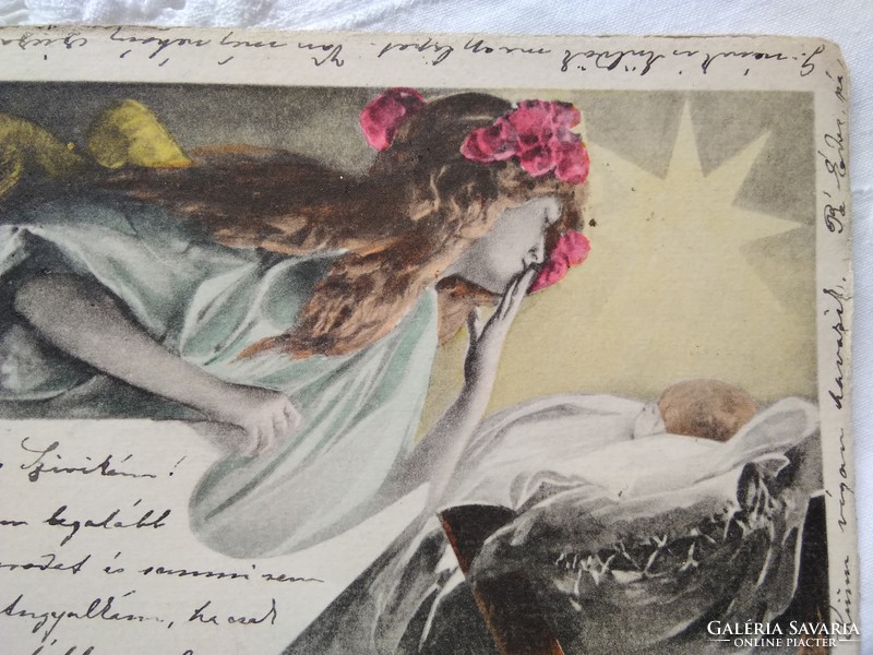 Antik hosszúcímzéses szecessziós színezett művészlap/képeslap őrangyal 1900
