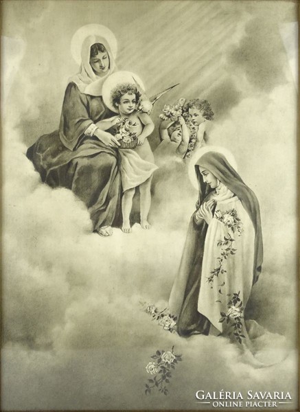 1G669 Jelzetlen fekete-fehér szentkép angyalokkal és Szűzmária ábrázolással 48 x 36 cm