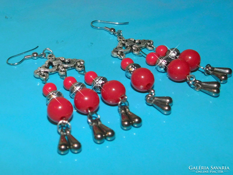 Coral red 3-row Tibetan silver ethnic earrings 7 cm!