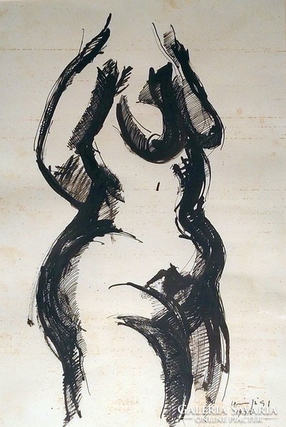 Original ink drawing of George Kiss - female nude (torso) (1975)