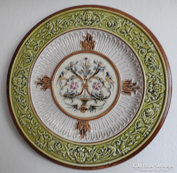 Antique large marked Art Nouveau majolica wall plate with bacchus heads - wall bowl