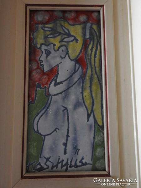 Kesztyűs Ferenc kerámia tűzzománc festménye " Aggódás, mi lesz velem? "