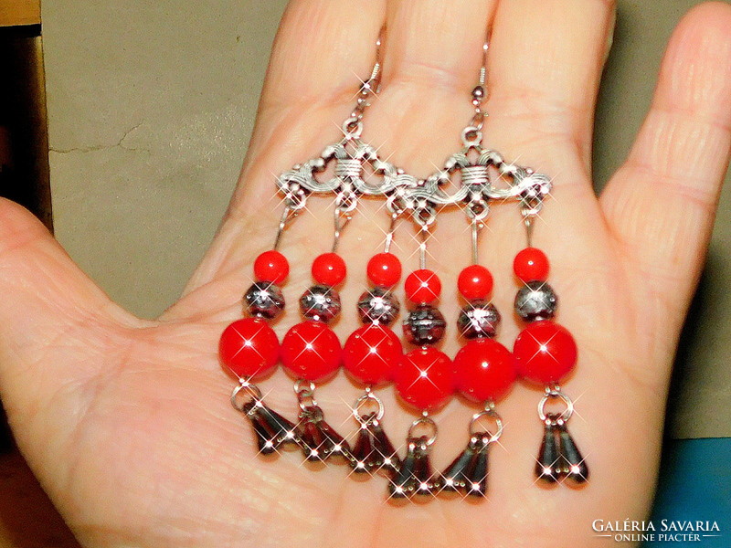 Coral red 3-row Tibetan silver ethnic earrings 7 cm!