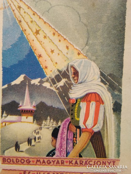 Régi grafikus irredenta képeslap/Bozó művészlap, Karácsony, népviselet, templom 1940-es évek körüli